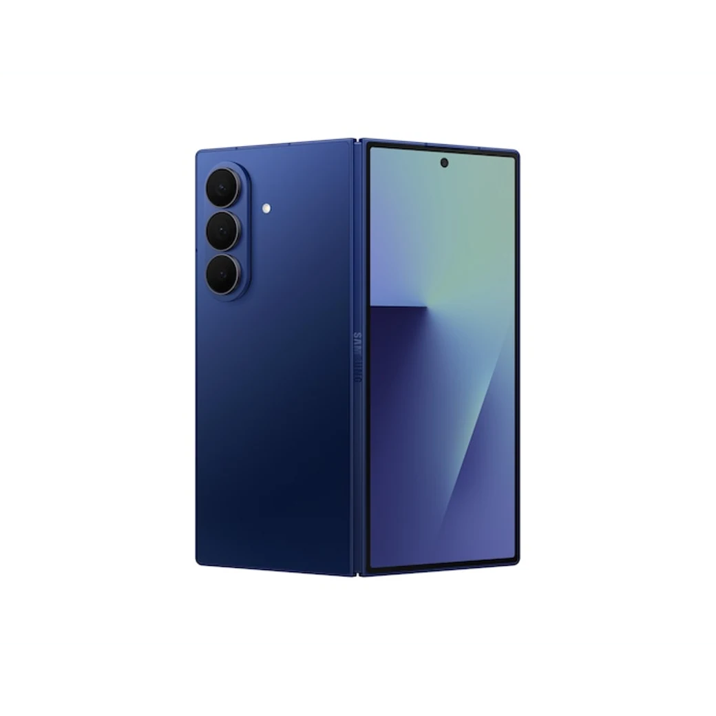 Galaxy Z Fold7 Azul intenso, composición frontal y posterior oficial; visual de referencia, no inventario confirmado de Tecno Express