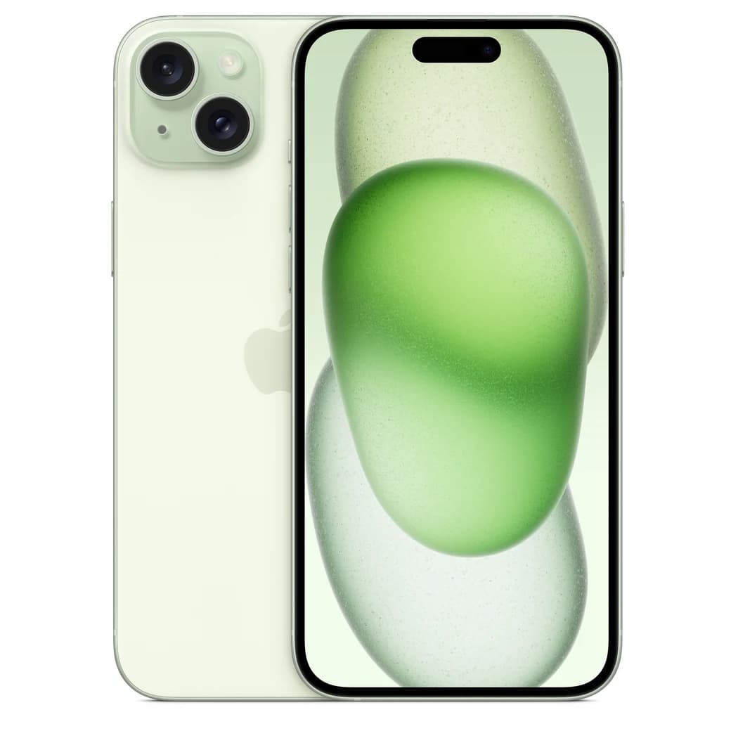 iPhone 15 Plus Verde, composición frontal y posterior oficial; visual de referencia, no inventario confirmado de Tecno Express
