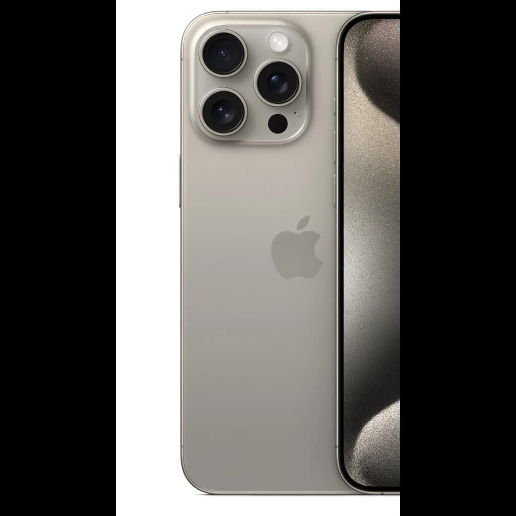 iPhone 15 Pro Max Titanio natural, detalle posterior oficial; visual de referencia, no inventario confirmado de Tecno Express