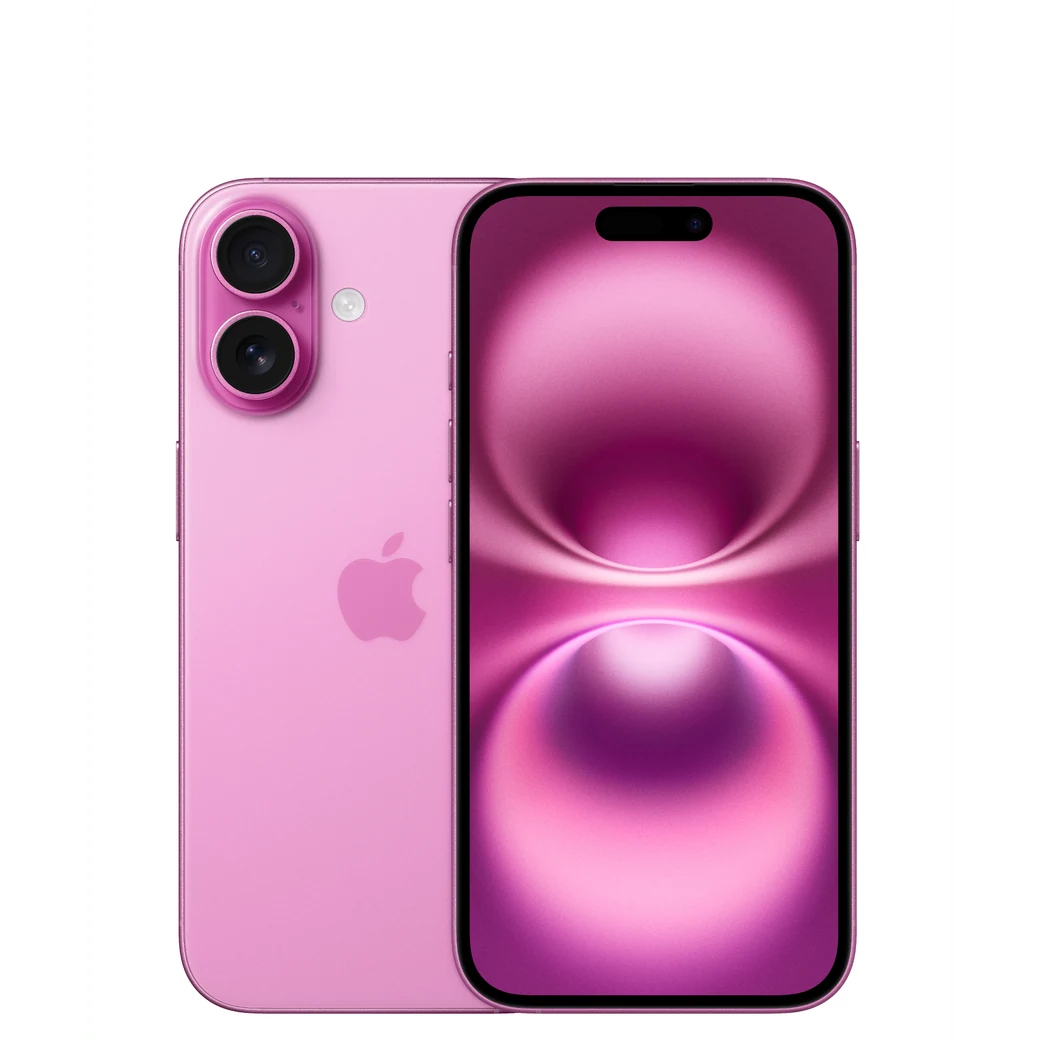 iPhone 16 Rosa, composición frontal y posterior oficial; visual de referencia, no inventario confirmado de Tecno Express