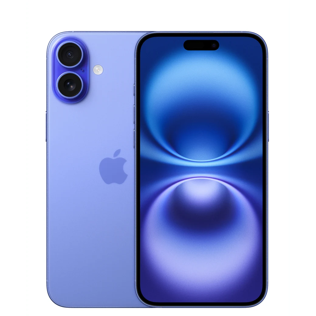 iPhone 16 Plus Ultramarino, composición frontal y posterior oficial; visual de referencia, no inventario confirmado de Tecno Express