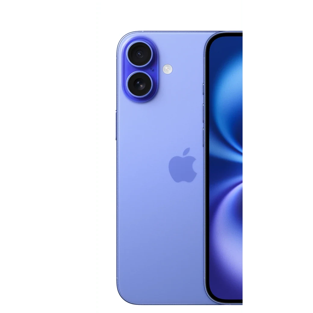 iPhone 16 Plus Ultramarino, detalle posterior oficial; visual de referencia, no inventario confirmado de Tecno Express